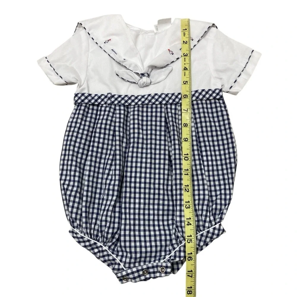 Vintage 90s Carters Nautical Sailor Bubble Romper Infant 9M Gingham Blue White